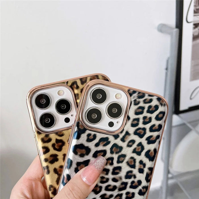 For iPhone 14 6.1 inch Electroplating Anti-scratch Phone Cover Leopard Pattern Leather Coated TPU Case - Silver - 3