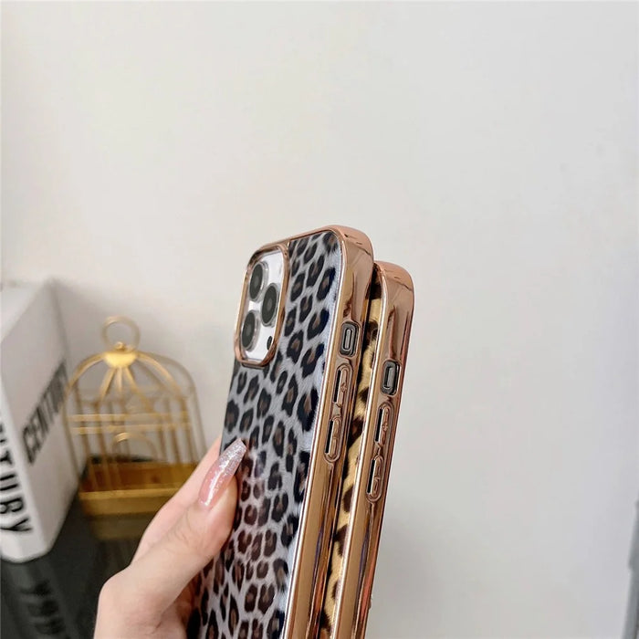For iPhone 14 6.1 inch Electroplating Anti-scratch Phone Cover Leopard Pattern Leather Coated TPU Case - Silver - 4