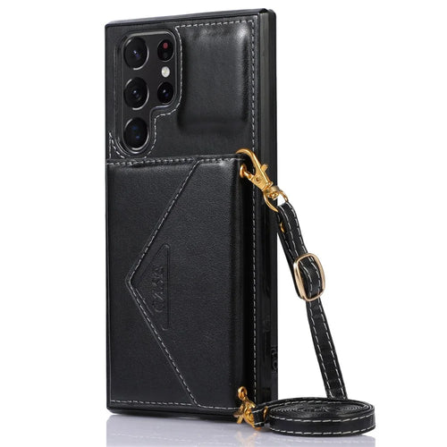 For Samsung Galaxy S22 Ultra 5G PU Leather Coated TPU Phone Case  Scratch-resistant Kickstand Card Slots Cover with Shoulder Strap - Black - 1