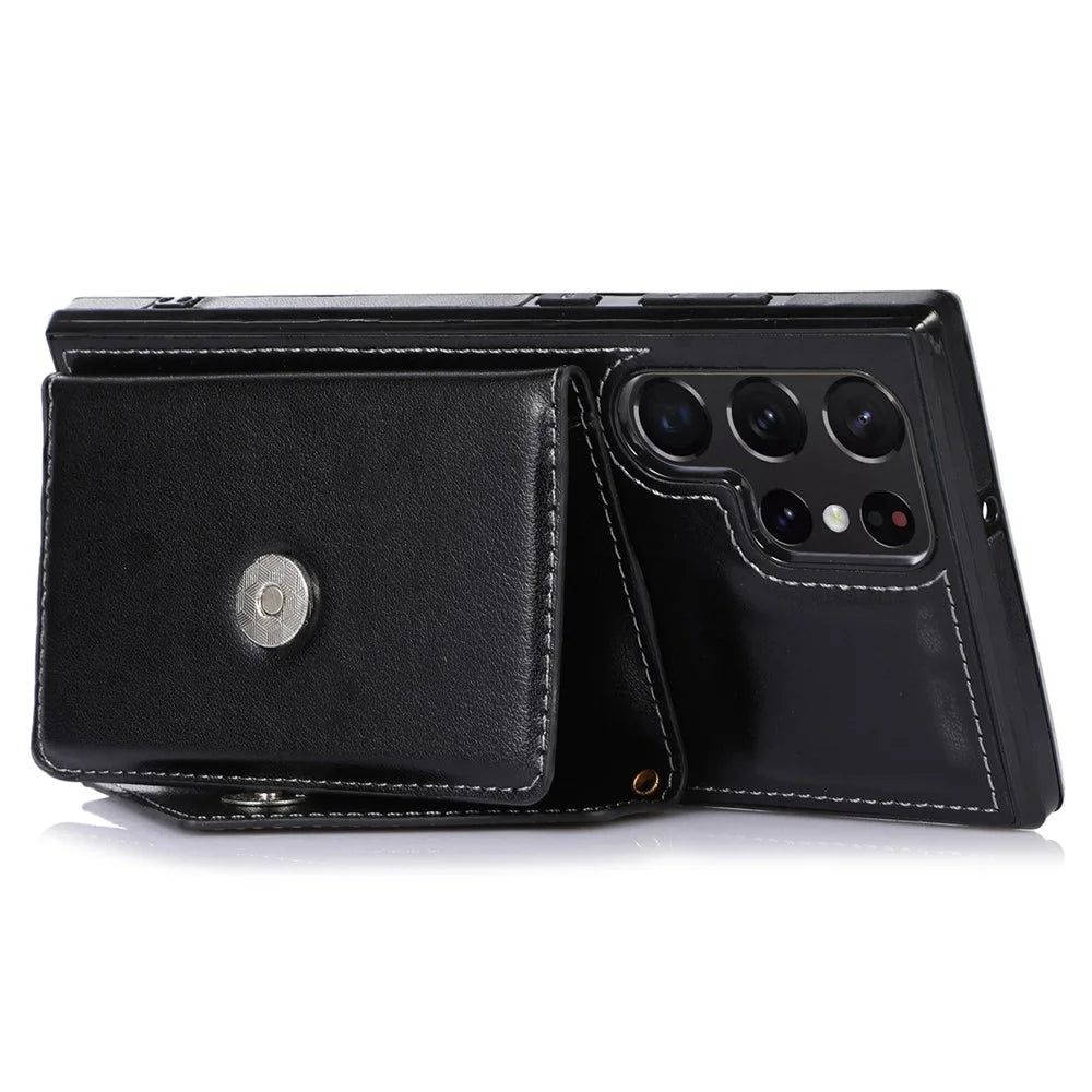 For Samsung Galaxy S22 Ultra 5G PU Leather Coated TPU Phone Case  Scratch-resistant Kickstand Card Slots Cover with Shoulder Strap - Black - 3