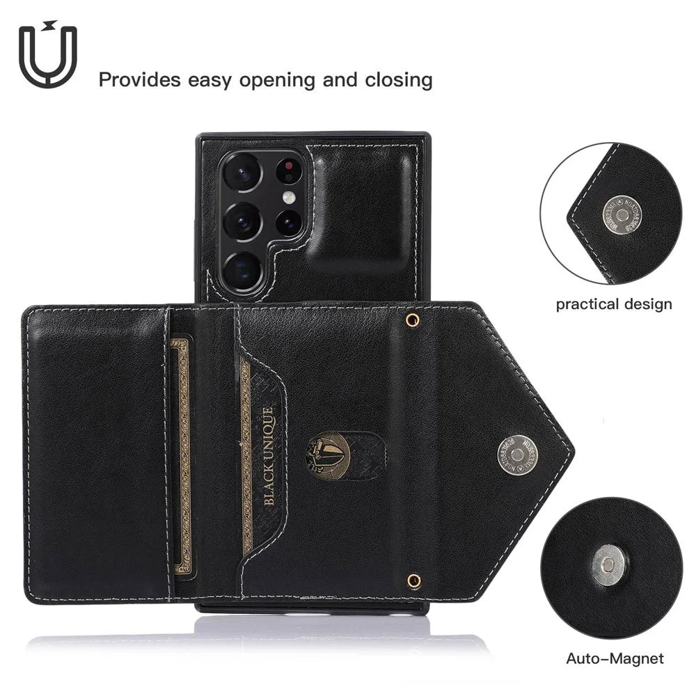 For Samsung Galaxy S22 Ultra 5G PU Leather Coated TPU Phone Case  Scratch-resistant Kickstand Card Slots Cover with Shoulder Strap - Black - 4