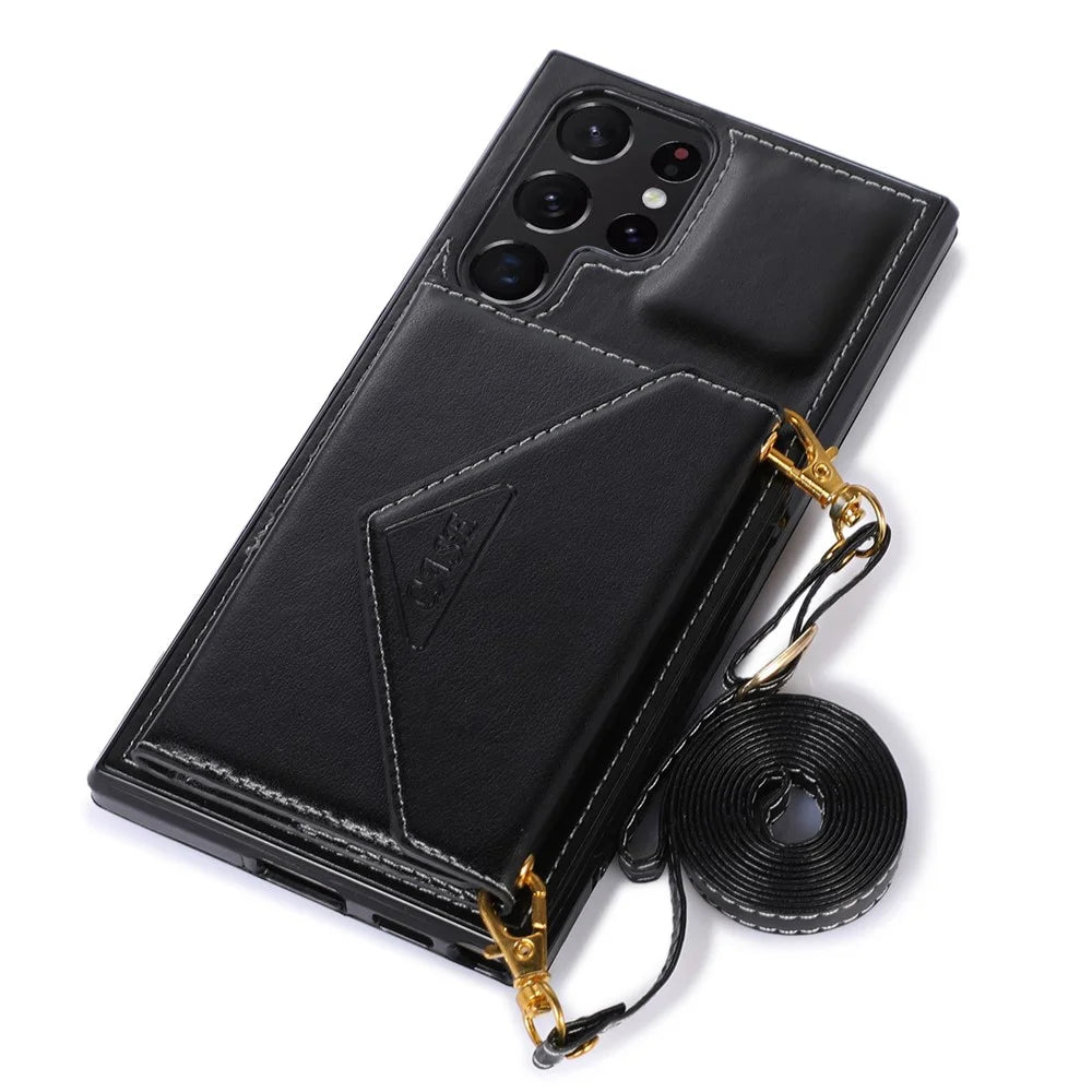 For Samsung Galaxy S22 Ultra 5G PU Leather Coated TPU Phone Case  Scratch-resistant Kickstand Card Slots Cover with Shoulder Strap - Black - 5