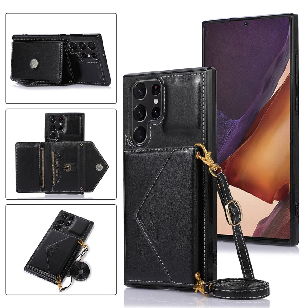 For Samsung Galaxy S22 Ultra 5G PU Leather Coated TPU Phone Case  Scratch-resistant Kickstand Card Slots Cover with Shoulder Strap - Black - 7