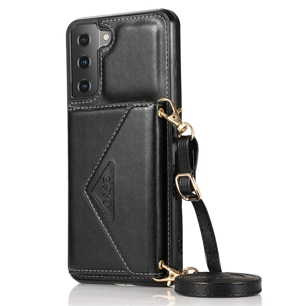 For Samsung Galaxy S22 5G PU Leather Coated TPU Kickstand Case Card Holder Magnetic Closure Phone Cover with Shoulder Strap - Black - 1