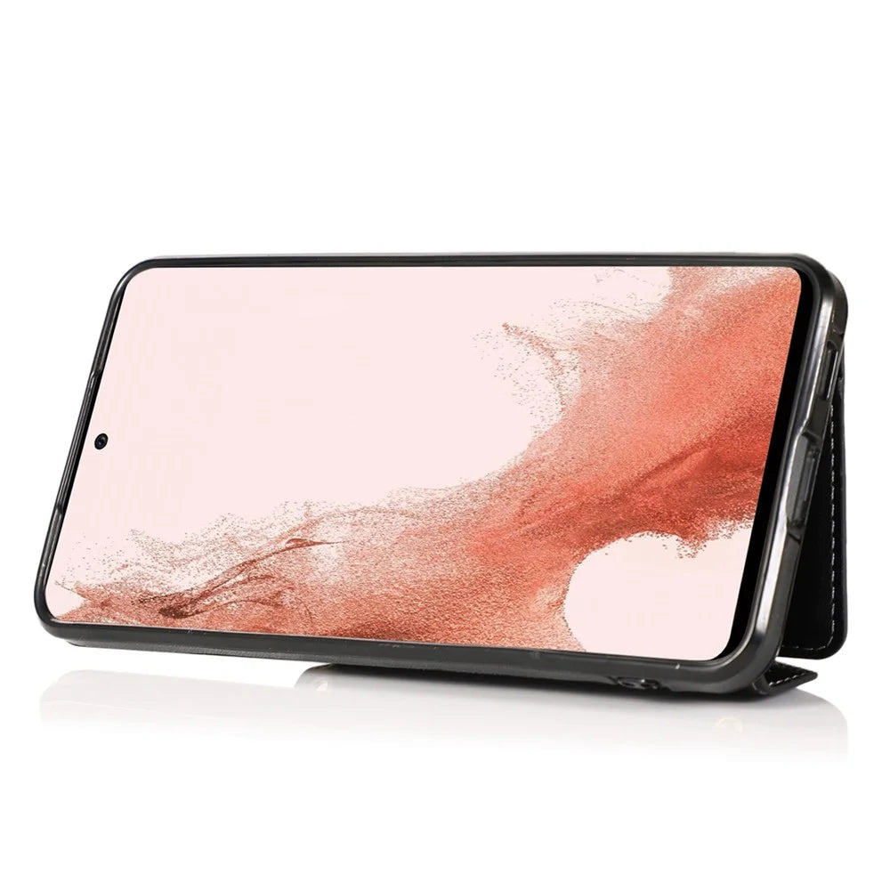 For Samsung Galaxy S22 5G PU Leather Coated TPU Kickstand Case Card Holder Magnetic Closure Phone Cover with Shoulder Strap - Black - 2