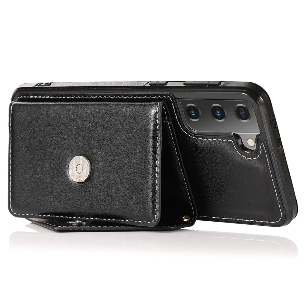 For Samsung Galaxy S22 5G PU Leather Coated TPU Kickstand Case Card Holder Magnetic Closure Phone Cover with Shoulder Strap - Black - 3