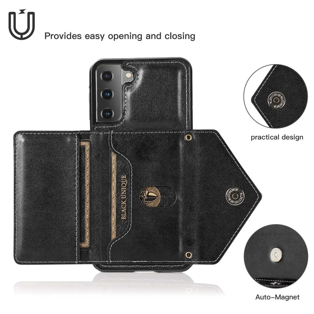 For Samsung Galaxy S22 5G PU Leather Coated TPU Kickstand Case Card Holder Magnetic Closure Phone Cover with Shoulder Strap - Black - 4