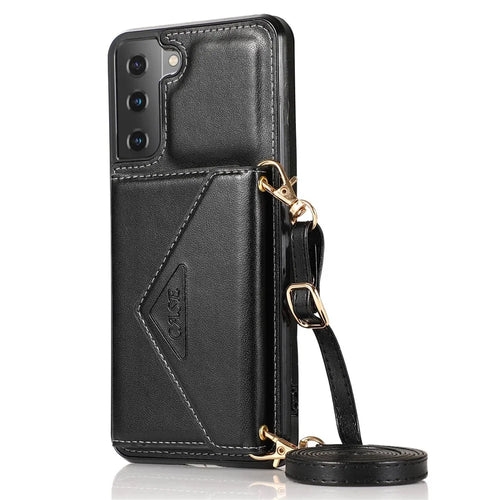 For Samsung Galaxy S22+ 5G Card Holder Kickstand Leather Coated TPU Case Crossbody Phone Bag Cover with Shoulder Strap - Black - 1