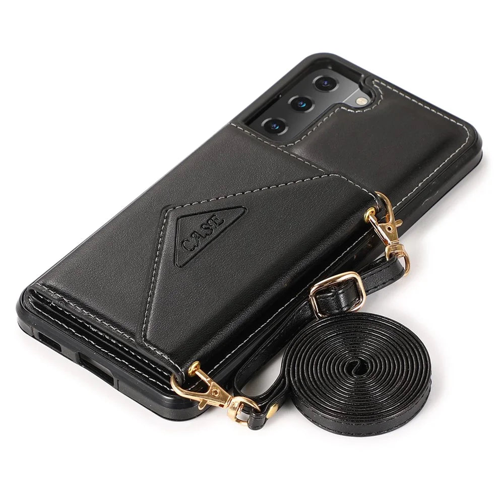 For Samsung Galaxy S22+ 5G Card Holder Kickstand Leather Coated TPU Case Crossbody Phone Bag Cover with Shoulder Strap - Black - 5