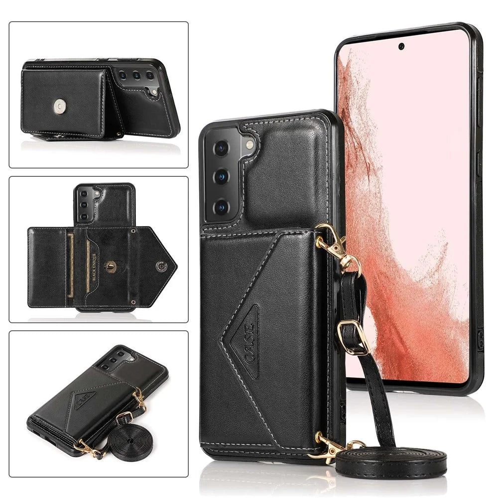 For Samsung Galaxy S22+ 5G Card Holder Kickstand Leather Coated TPU Case Crossbody Phone Bag Cover with Shoulder Strap - Black - 7