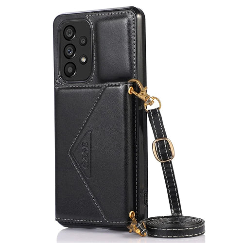 For Samsung Galaxy A53 5G Card Holder Kickstand Phone Case Leather Coated TPU Back Cover with Shoulder Strap - Black - 1