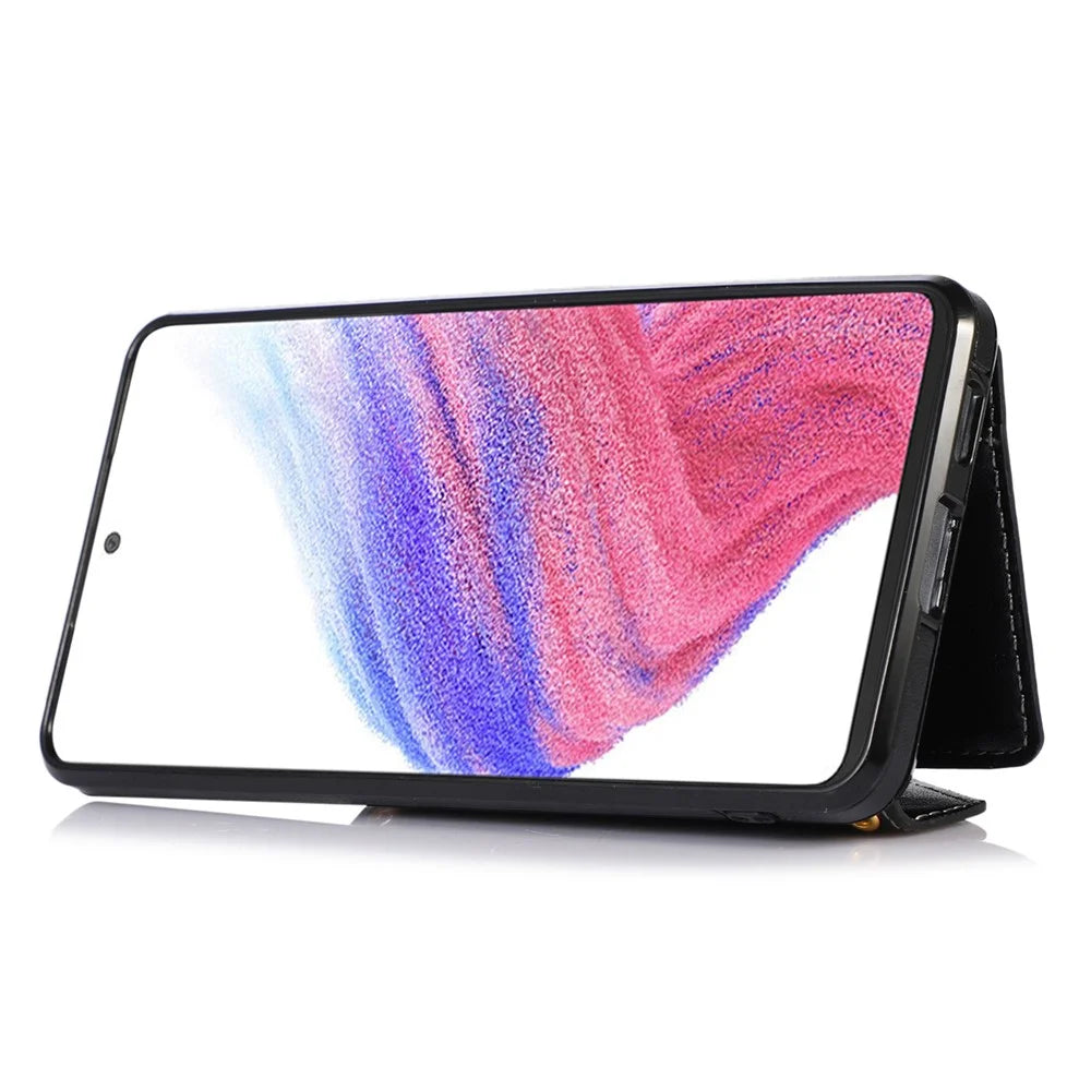 For Samsung Galaxy A53 5G Card Holder Kickstand Phone Case Leather Coated TPU Back Cover with Shoulder Strap - Black - 2