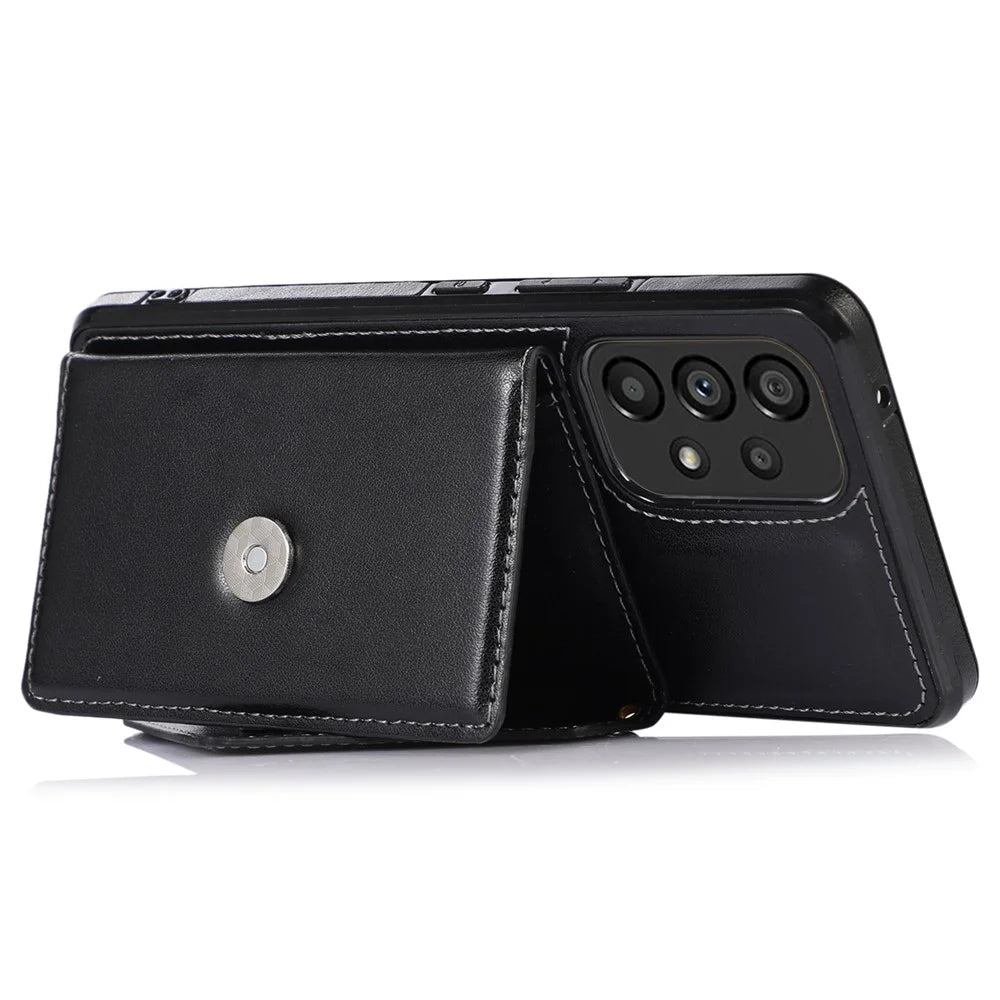 For Samsung Galaxy A53 5G Card Holder Kickstand Phone Case Leather Coated TPU Back Cover with Shoulder Strap - Black - 3