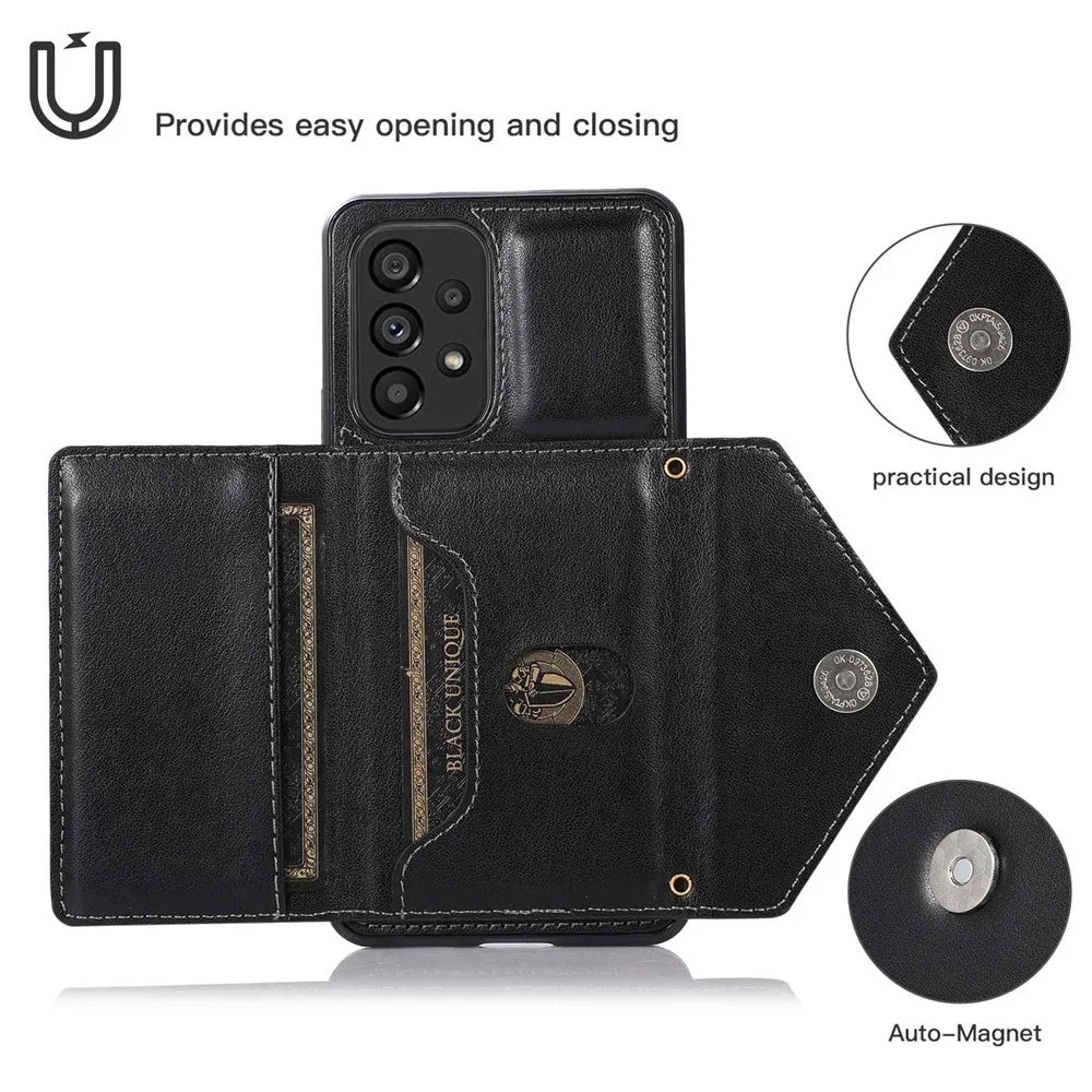 For Samsung Galaxy A53 5G Card Holder Kickstand Phone Case Leather Coated TPU Back Cover with Shoulder Strap - Black - 4