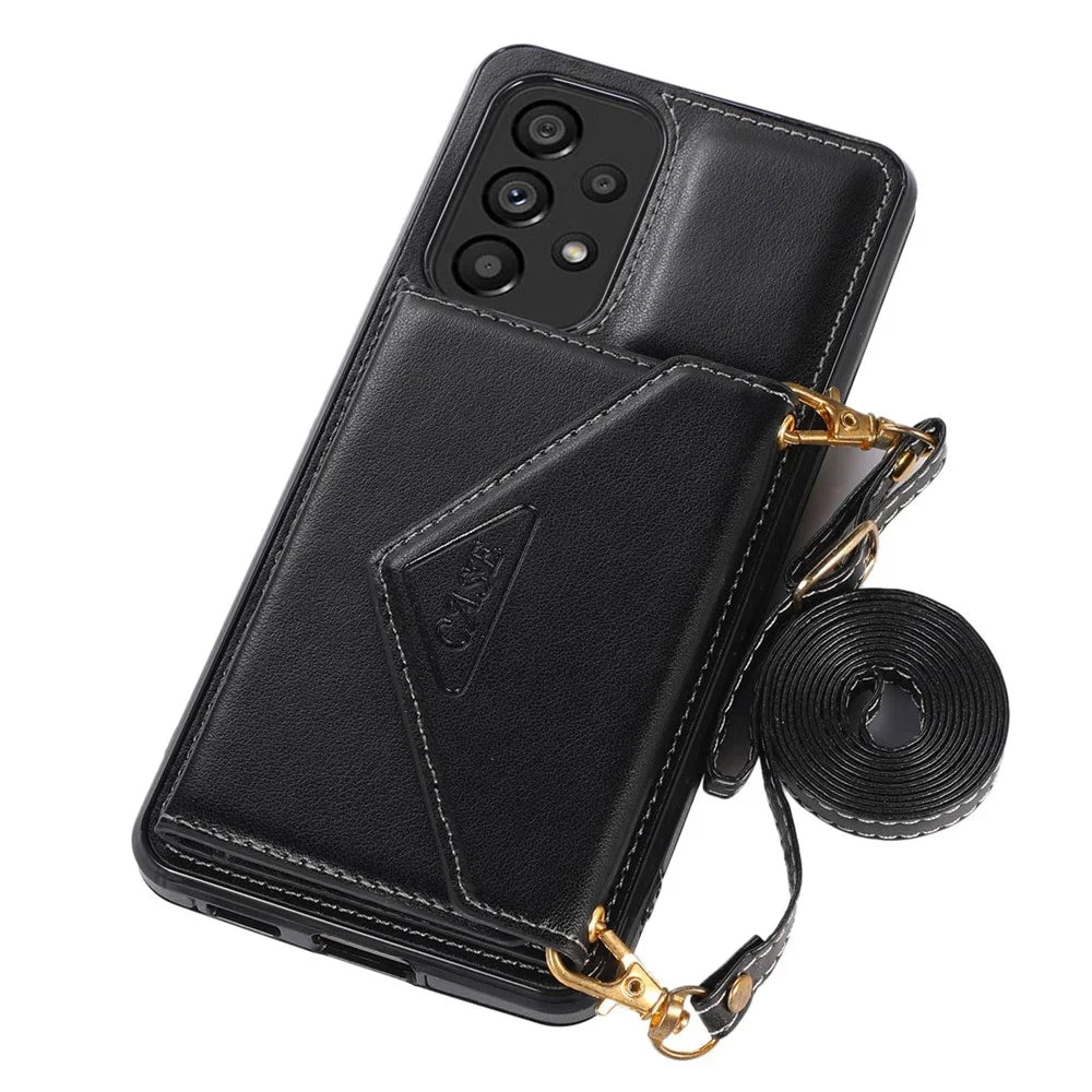 For Samsung Galaxy A53 5G Card Holder Kickstand Phone Case Leather Coated TPU Back Cover with Shoulder Strap - Black - 5
