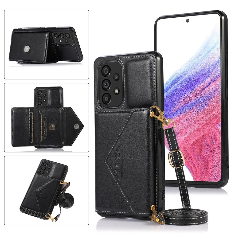 For Samsung Galaxy A53 5G Card Holder Kickstand Phone Case Leather Coated TPU Back Cover with Shoulder Strap - Black - 7