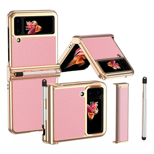 For Samsung Galaxy Z Flip4 5G Litchi Texture Electroplating Phone Case Double Hinge Design Leather Coated PC Cover with Stylus Pen - Gold / Pink - 1