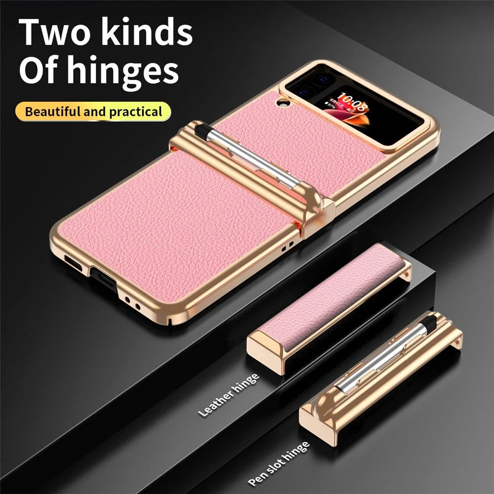 For Samsung Galaxy Z Flip4 5G Litchi Texture Electroplating Phone Case Double Hinge Design Leather Coated PC Cover with Stylus Pen - Gold / Pink - 2