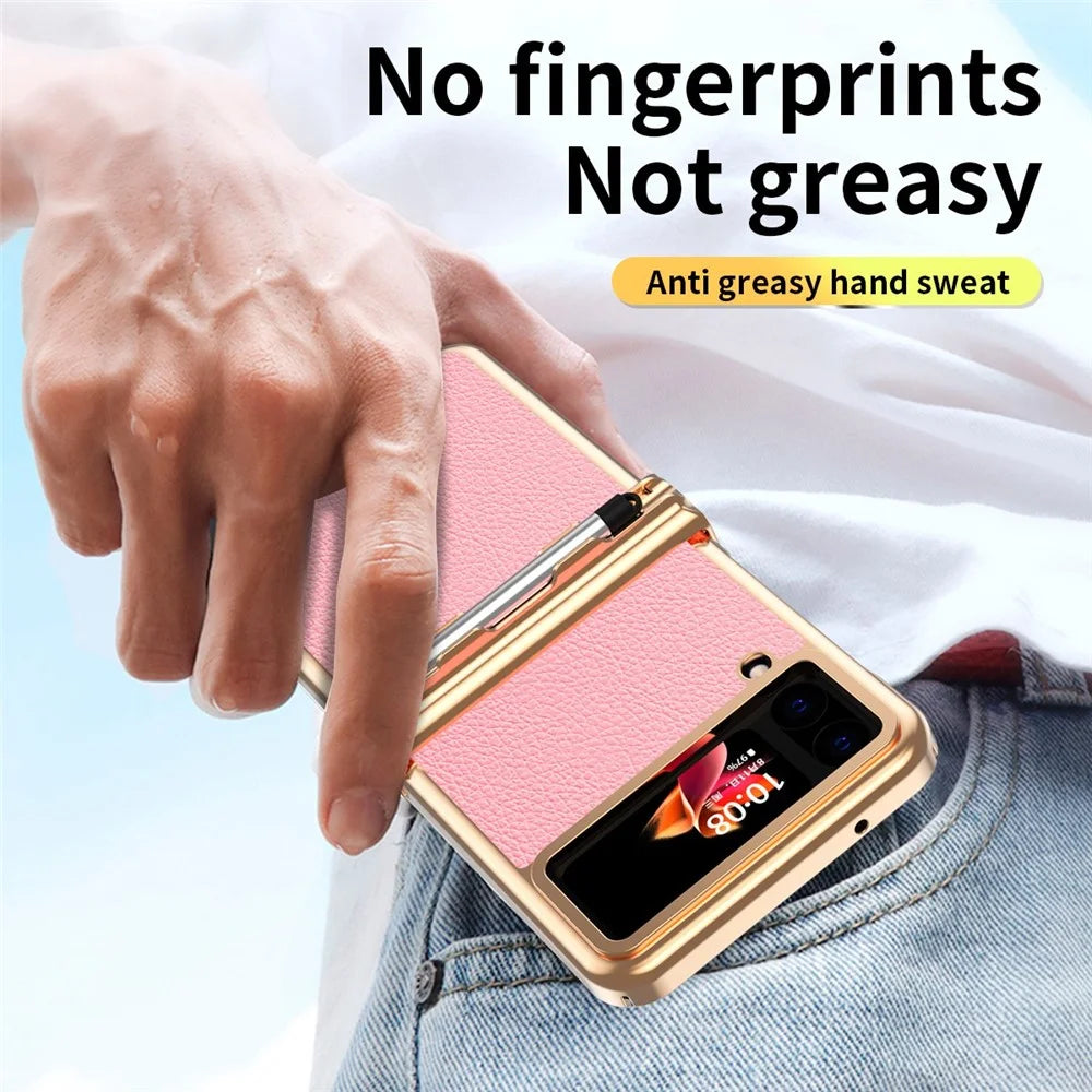 For Samsung Galaxy Z Flip4 5G Litchi Texture Electroplating Phone Case Double Hinge Design Leather Coated PC Cover with Stylus Pen - Gold / Pink - 5