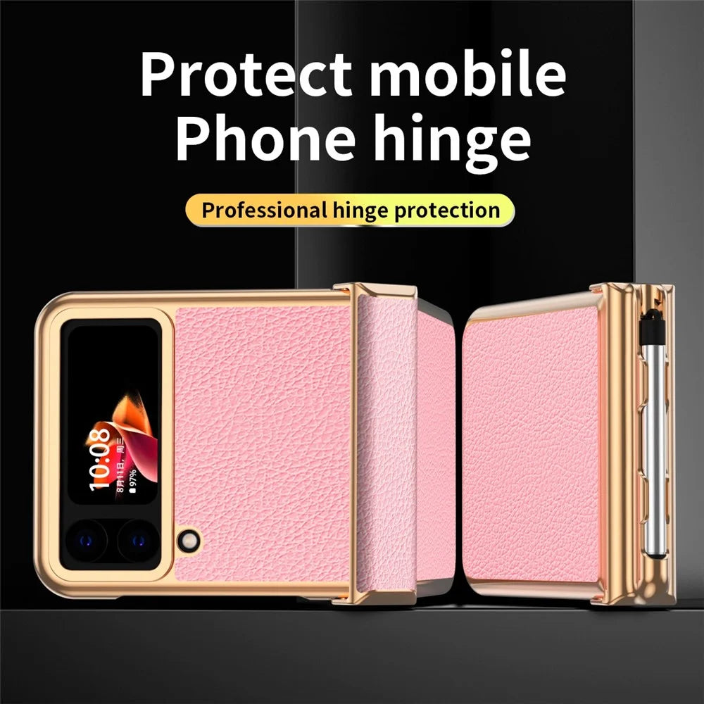 For Samsung Galaxy Z Flip4 5G Litchi Texture Electroplating Phone Case Double Hinge Design Leather Coated PC Cover with Stylus Pen - Gold / Pink - 7