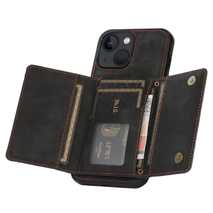 For iPhone 14 6.1 inch Mobile Phone Case Foldable Wallet Design Leather Coated TPU Back Cover - Black - 5