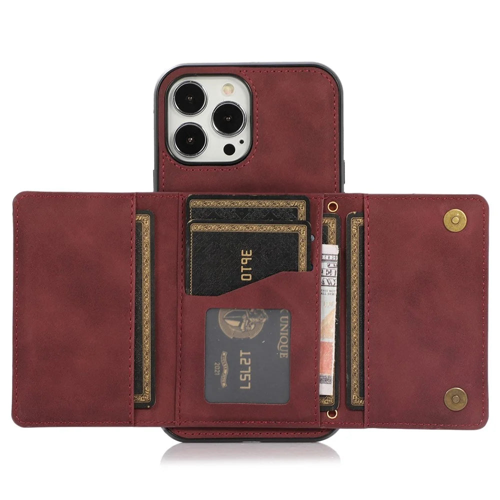 For iPhone 14 Pro 6.1 inch Leather Coated TPU Phone Protector Foldable Wallet Design Back Cover - Wine Red - 4