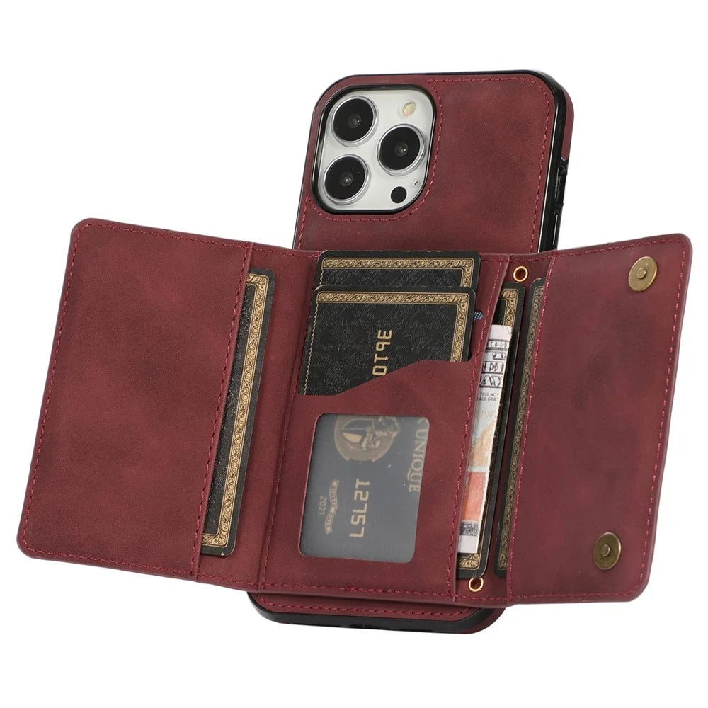 For iPhone 14 Pro 6.1 inch Leather Coated TPU Phone Protector Foldable Wallet Design Back Cover - Wine Red - 5