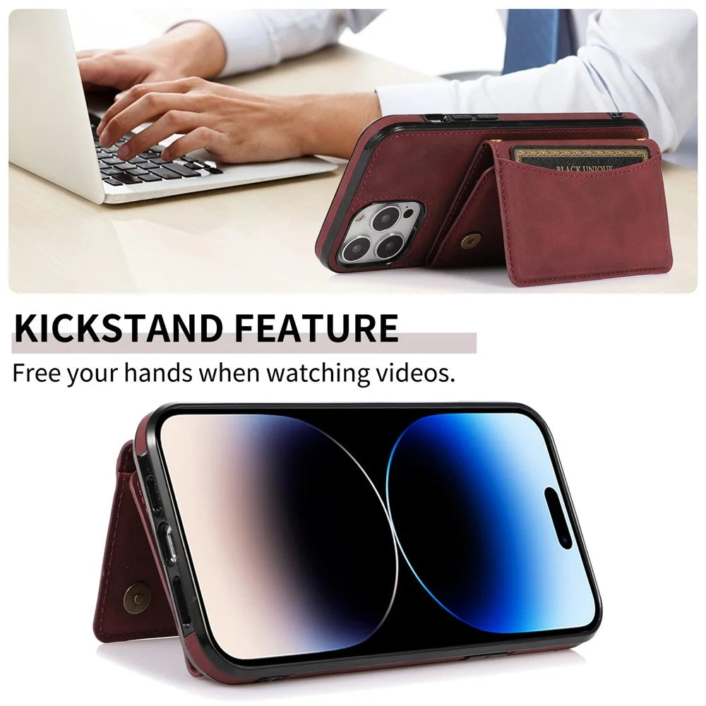 For iPhone 14 Pro 6.1 inch Leather Coated TPU Phone Protector Foldable Wallet Design Back Cover - Wine Red - 6
