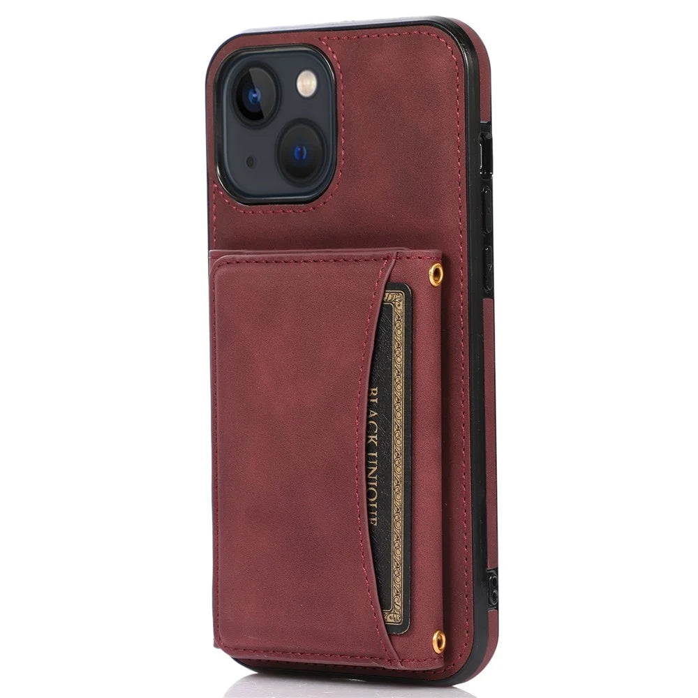 For iPhone 14 Plus Leather Coated TPU Phone Shell Foldable Wallet Feature Mobile Phone Cover - Wine Red - 1
