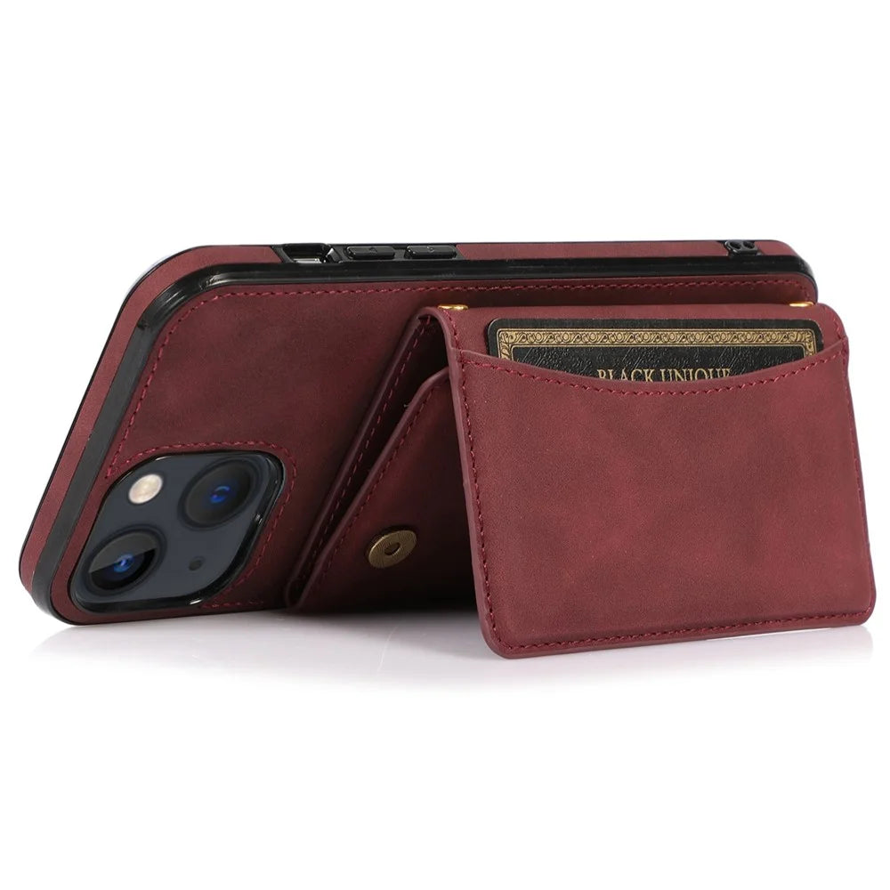 For iPhone 14 Plus Leather Coated TPU Phone Shell Foldable Wallet Feature Mobile Phone Cover - Wine Red - 3