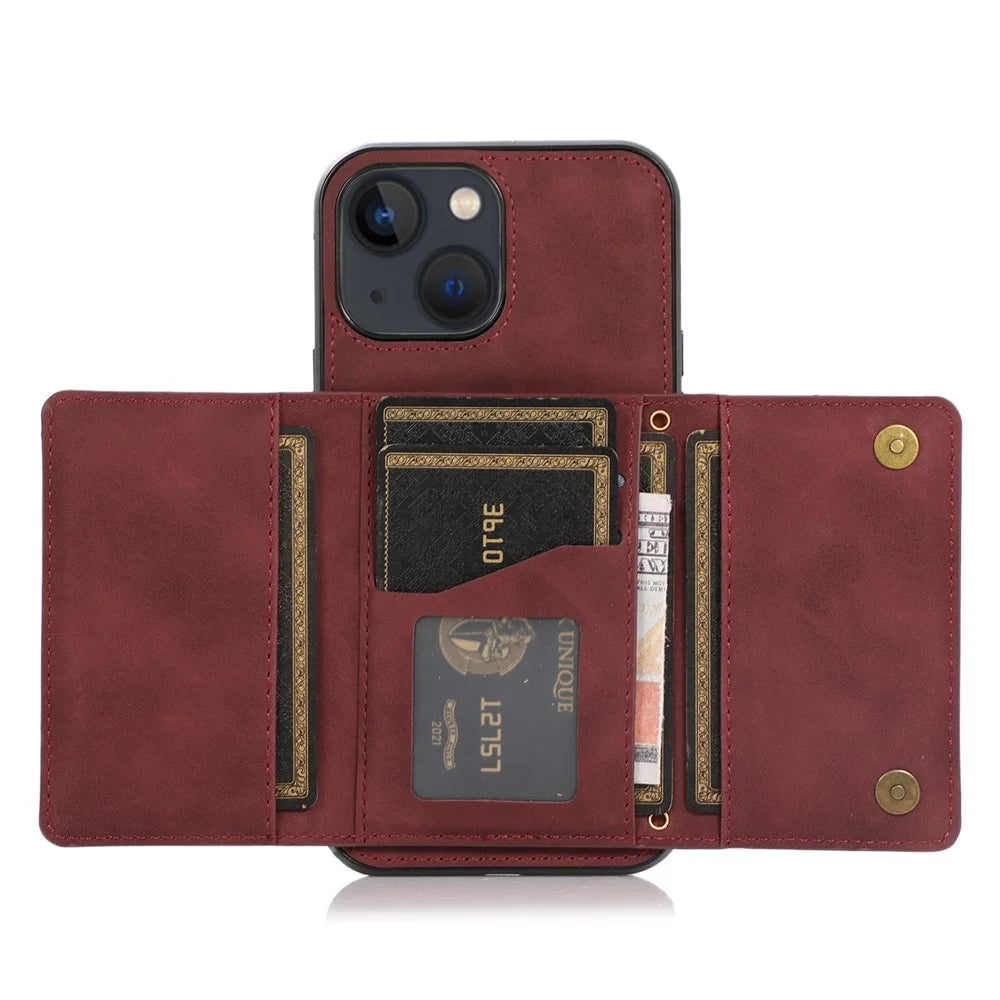 For iPhone 14 Plus Leather Coated TPU Phone Shell Foldable Wallet Feature Mobile Phone Cover - Wine Red - 4