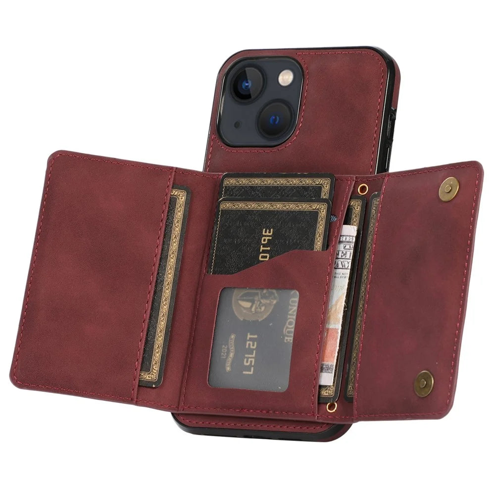 For iPhone 14 Plus Leather Coated TPU Phone Shell Foldable Wallet Feature Mobile Phone Cover - Wine Red - 5