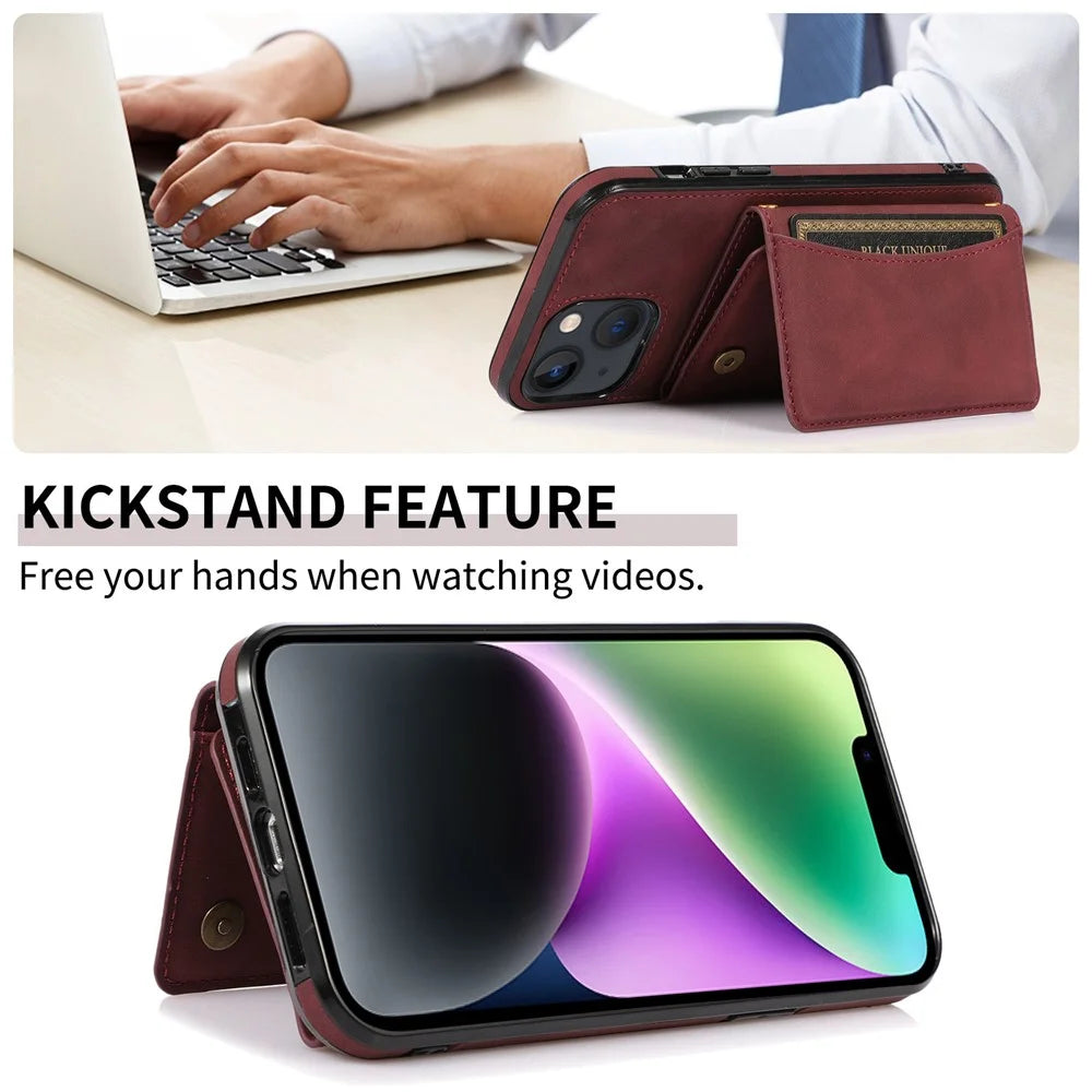For iPhone 14 Plus Leather Coated TPU Phone Shell Foldable Wallet Feature Mobile Phone Cover - Wine Red - 6