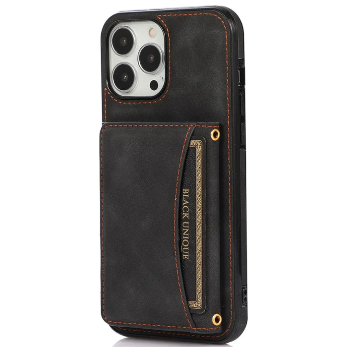 For iPhone 14 Pro Max 6.7 inch Tri-fold Wallet Kickstand Phone Back Cover PU Leather + TPU Anti-scratch Case - Black - 1