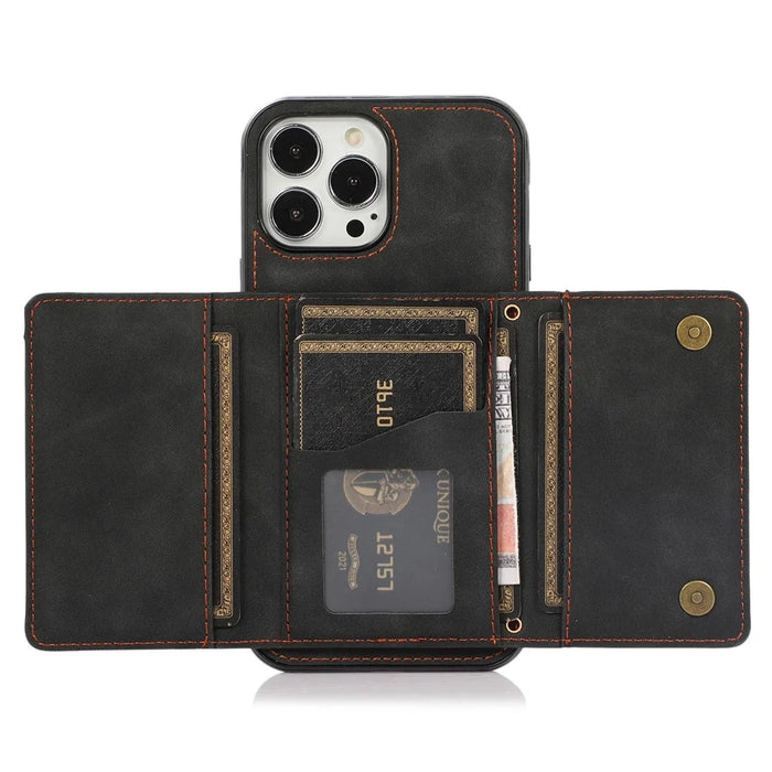 For iPhone 14 Pro Max 6.7 inch Tri-fold Wallet Kickstand Phone Back Cover PU Leather + TPU Anti-scratch Case - Black - 4