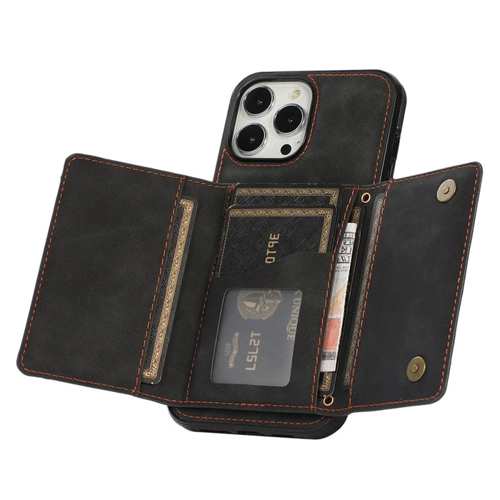 For iPhone 14 Pro Max 6.7 inch Tri-fold Wallet Kickstand Phone Back Cover PU Leather + TPU Anti-scratch Case - Black - 5