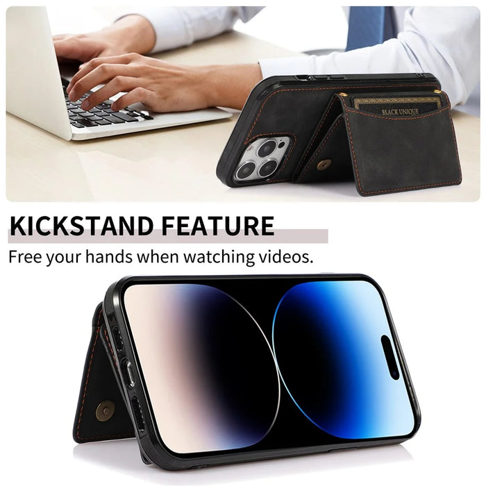 For iPhone 14 Pro Max 6.7 inch Tri-fold Wallet Kickstand Phone Back Cover PU Leather + TPU Anti-scratch Case - Black - 6