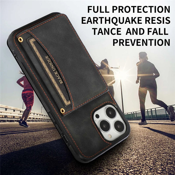For iPhone 14 Pro Max 6.7 inch Tri-fold Wallet Kickstand Phone Back Cover PU Leather + TPU Anti-scratch Case - Black - 7