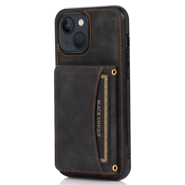 For iPhone 13 6.1 inch Tri-fold Card Holder Wallet Phone Kickstand Cover PU Leather + TPU Shockproof Case - Black - 1