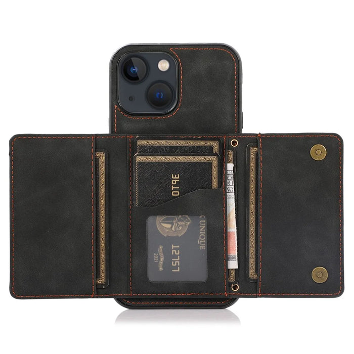 For iPhone 13 6.1 inch Tri-fold Card Holder Wallet Phone Kickstand Cover PU Leather + TPU Shockproof Case - Black - 4