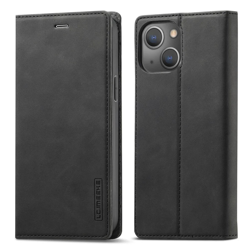 LC.IMEEKE For iPhone 14 Plus PU Leather Wallet Folio Flip Case Magnetic Auto-absorbed Stand Cover - Black - 1