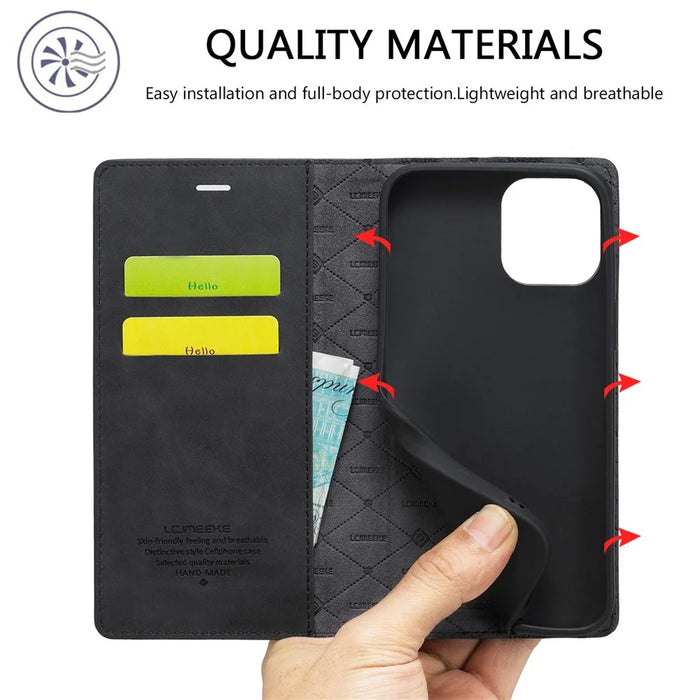 LC.IMEEKE For iPhone 14 Plus PU Leather Wallet Folio Flip Case Magnetic Auto-absorbed Stand Cover - Black - 5