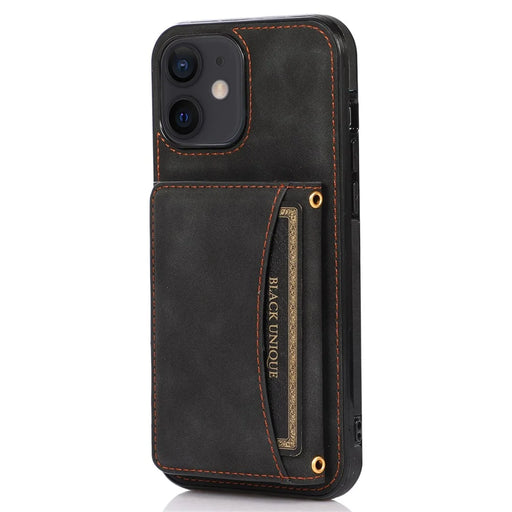 For iPhone 12 6.1 inch Multi Card Slots Kickstand Tri-fold Wallet Phone Cover PU Leather + TPU Protective Back Case - Black - 1