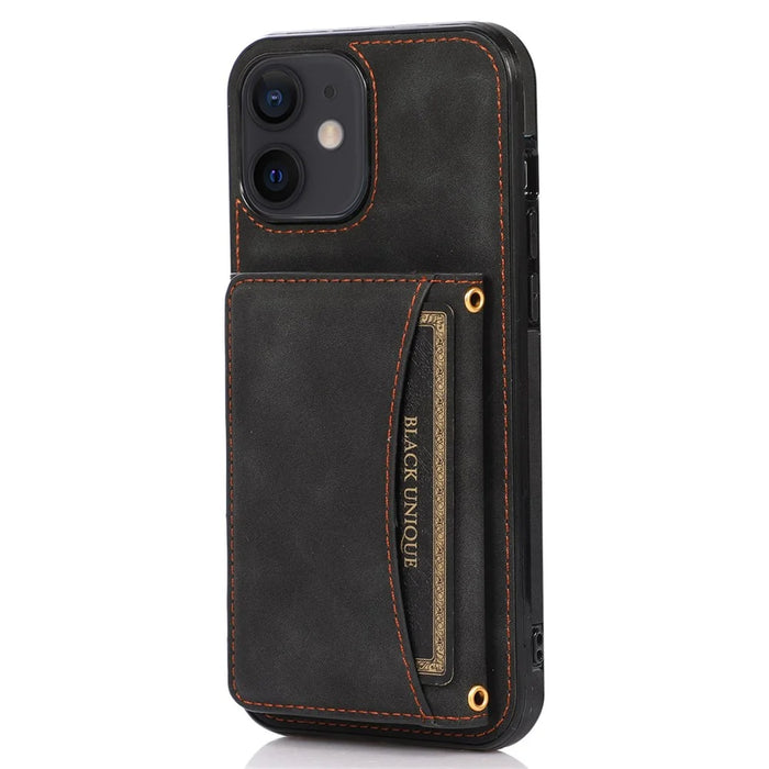 For iPhone 12 6.1 inch Multi Card Slots Kickstand Tri-fold Wallet Phone Cover PU Leather + TPU Protective Back Case - Black - 1
