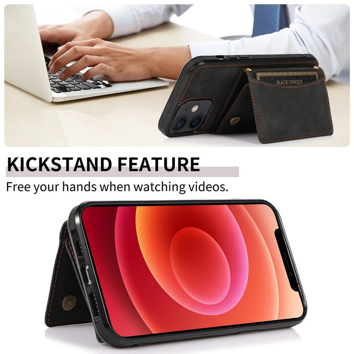 For iPhone 12 6.1 inch Multi Card Slots Kickstand Tri-fold Wallet Phone Cover PU Leather + TPU Protective Back Case - Black - 6