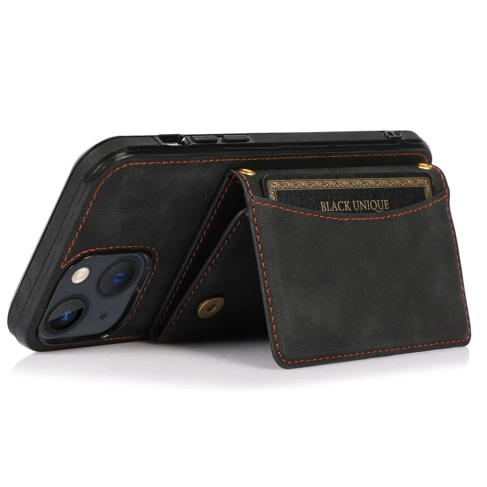 For iPhone 13 mini 5.4 inch Tri-fold Wallet Card Holder Kickstand Phone Cover PU Leather + TPU Anti-drop Case - Black - 3