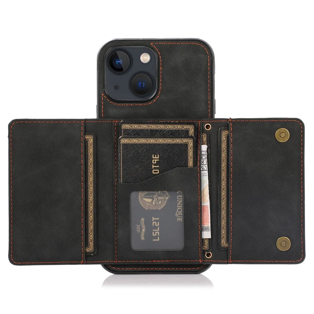 For iPhone 13 mini 5.4 inch Tri-fold Wallet Card Holder Kickstand Phone Cover PU Leather + TPU Anti-drop Case - Black - 4