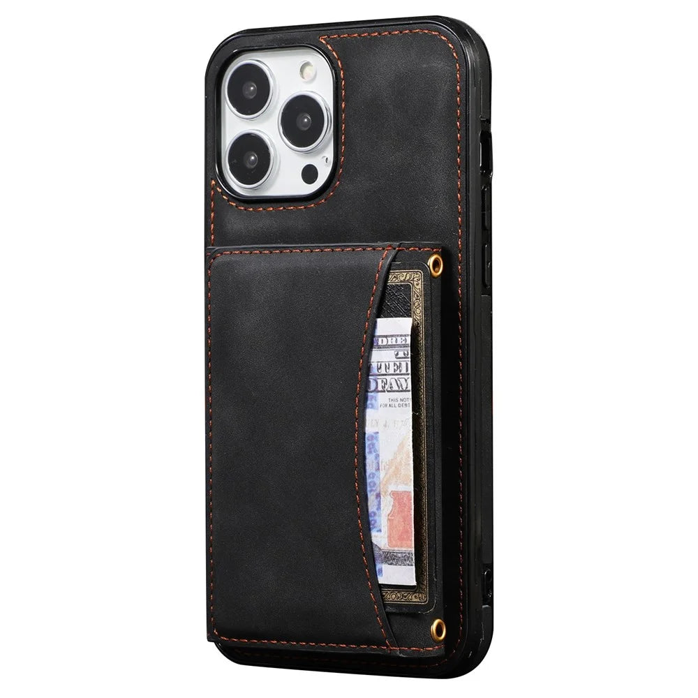For iPhone 13 Pro Max 6.7 inch Cell Phone Case Scratch-resistant Wallet Design Leather Coated TPU Cover - Black - 1