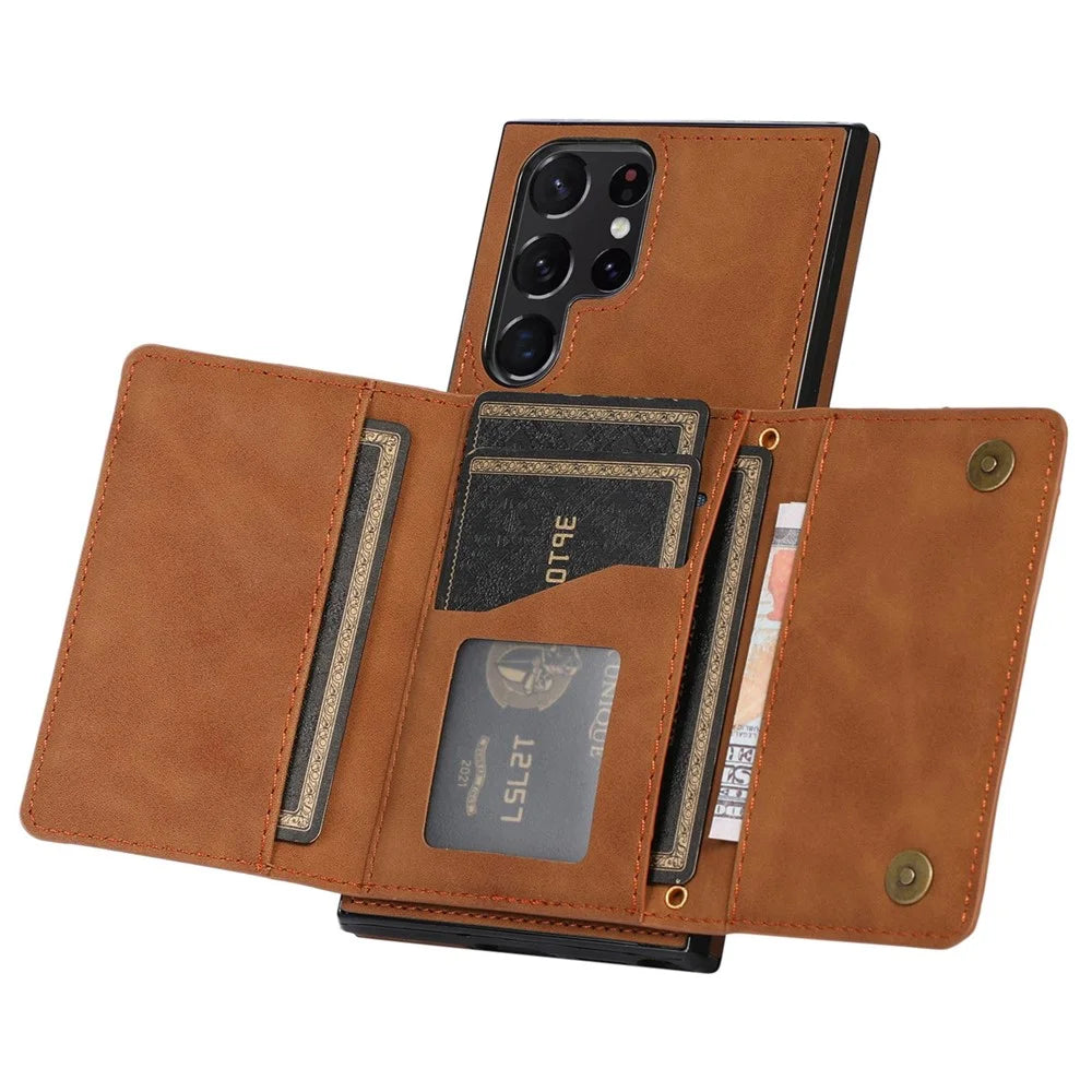 For Samsung Galaxy S21 Ultra 5G Wallet Phone Case Well-protected Anti-fall Multiple Card Slots Leather Coated TPU Shell - Brown - 5