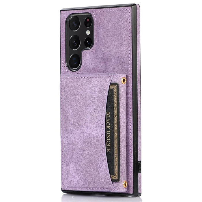 For Samsung Galaxy S22 Ultra 5G Foldable Wallet Design Leather Coated TPU Phone Case Shockproof Mobile Phone Shell - Purple - 1